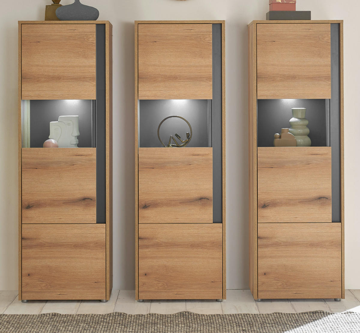SCHRANK-SET 3-teilig Evoke Eiche, grau, Wohnkombination mit 3 x Vitrine - Eichefarben/Grau, Holz/Holzwerkstoff (190/155/40cm) - Furn.Design