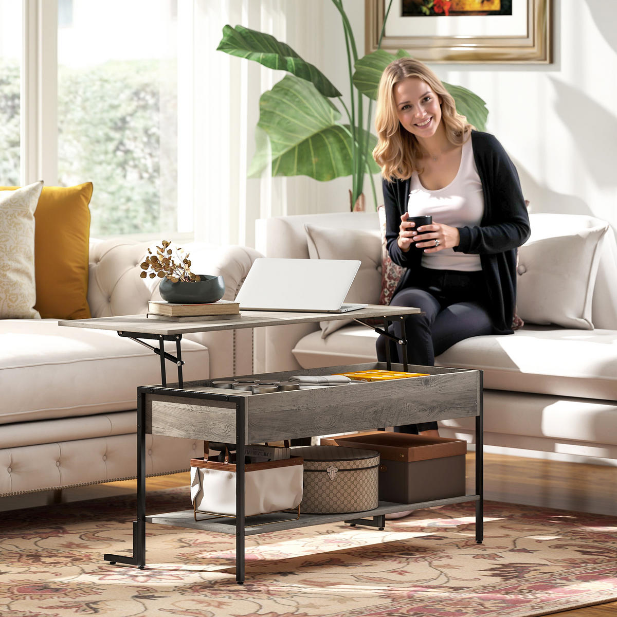 COUCHTISCH DE-15792 klappbare Platte Grau - Grau, Holzwerkstoff (95/40/59cm) - ComfortXL