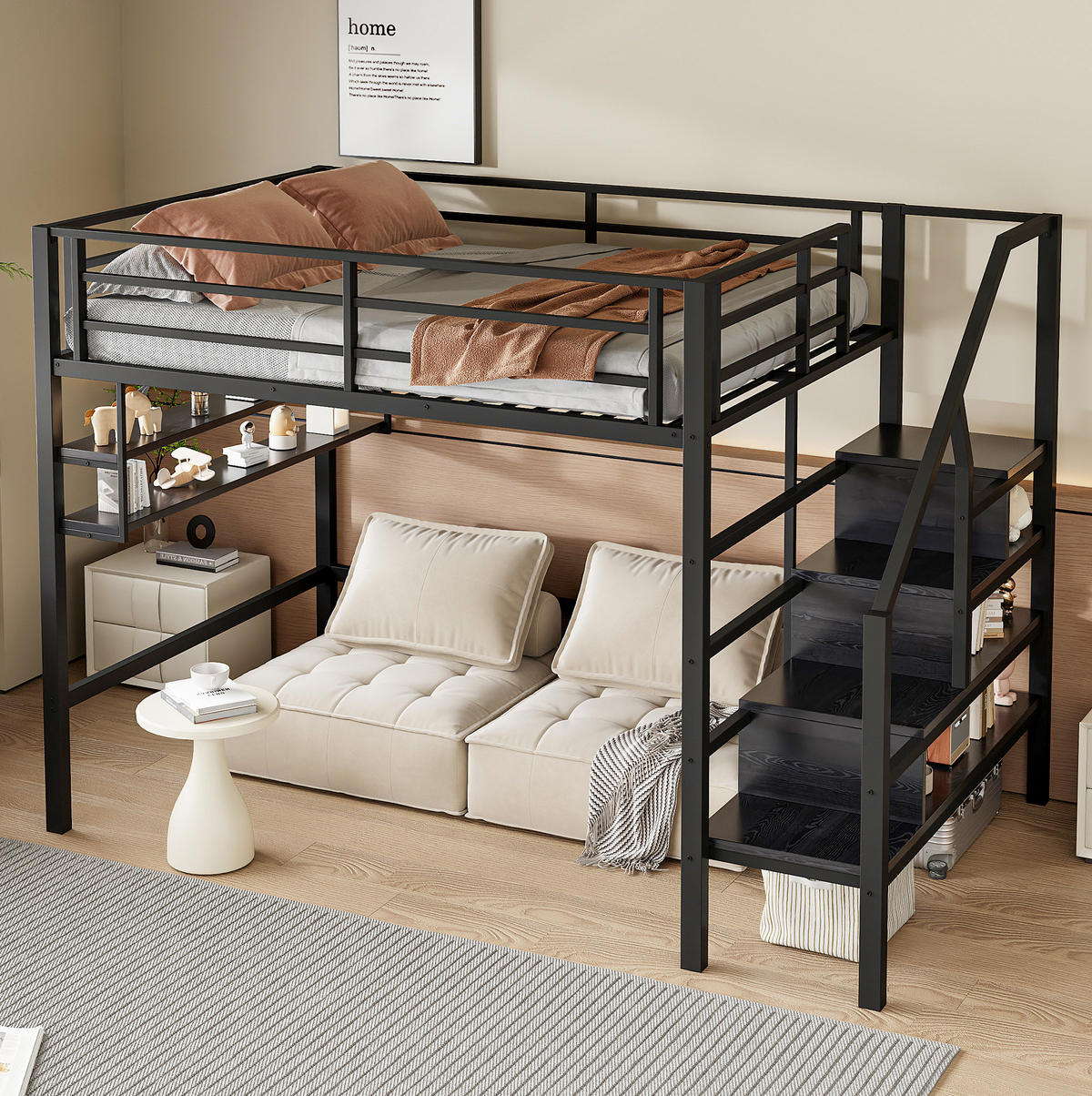 HOCHBETT 140/200 cm Schwarz aus Metall mit Stauraumleiter - Schwarz, Metall (140/200cm) - OKMYHOME