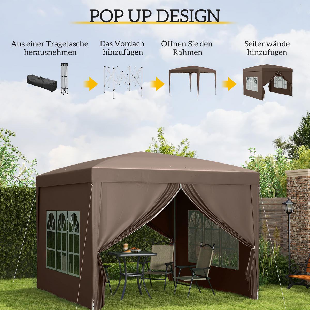 PAVILLON mit 4 Seitenwänden, Oxfordstoff, Stahl - Braun, Kunststoff (295/258/295cm) - Outsunny