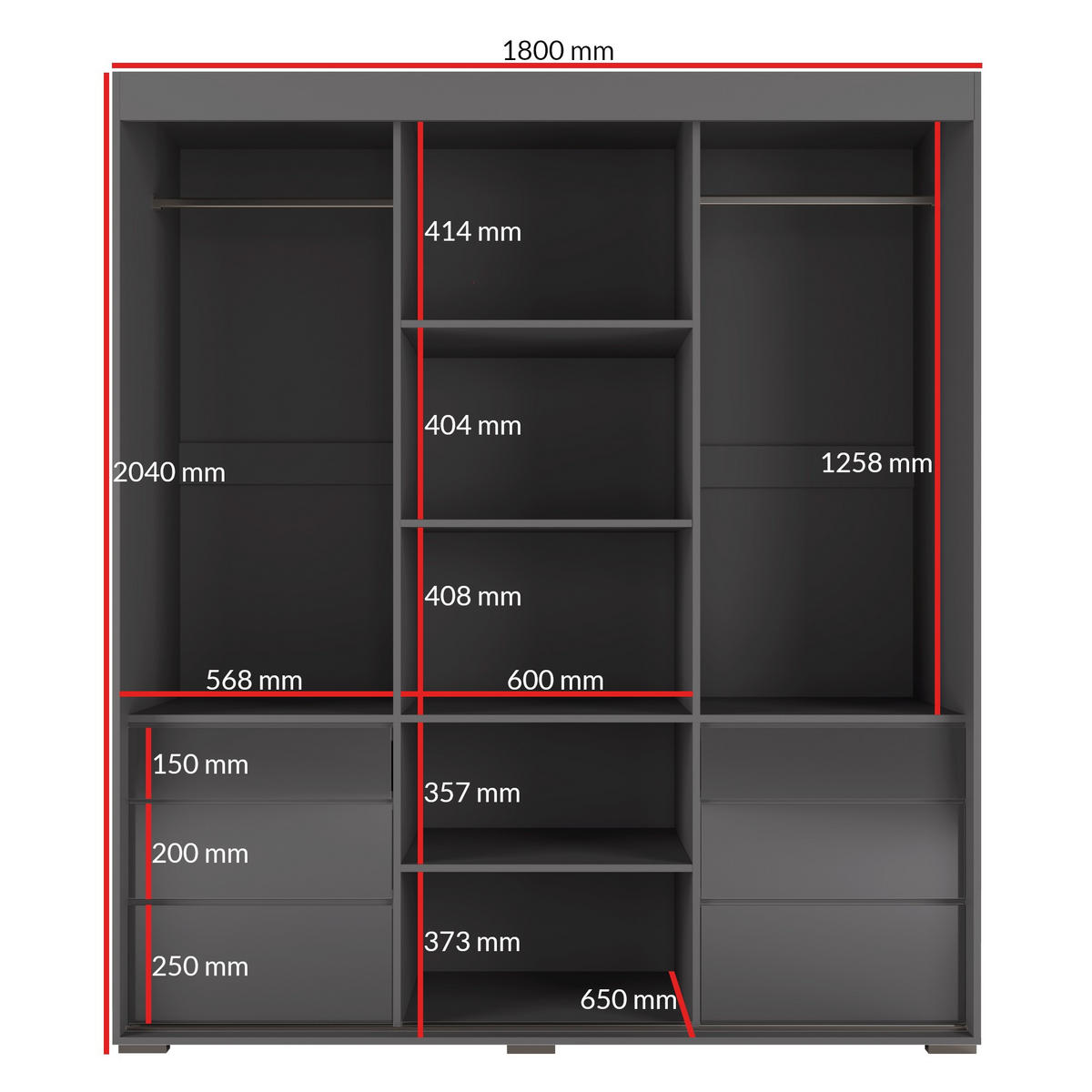 SCHIEBETÜRENSCHRANK mit Schubladen und Spiegel Torino 3D1L 180 Grau (Lacobel) - Silberfarben/Grau, Holzwerkstoff/Metall (180/204/65cm) - mzm24