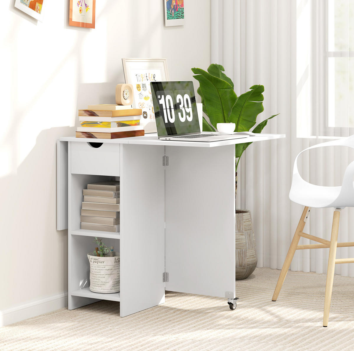 KLAPPTISCH 114,5/70/75 cm mit 2 ausklappbaren Platten, Schublade und offenen Fächern, Weiß - Weiß, Holzwerkstoff (114.5/70/75cm) - Redom