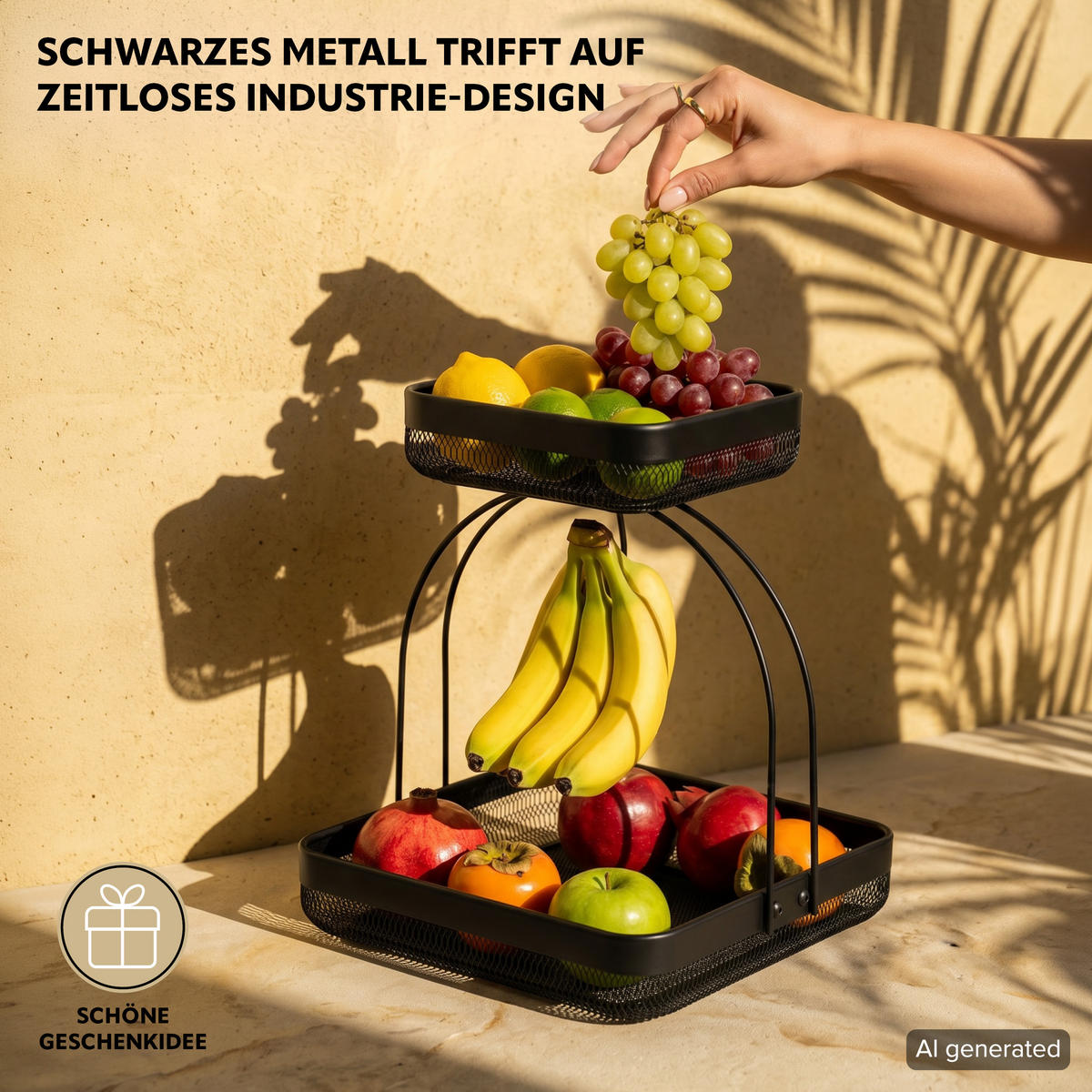 OBSTETAGERE mit Bananenhalter, schwarz, eckig - Schwarz, Metall (31/38.5cm) - eluno