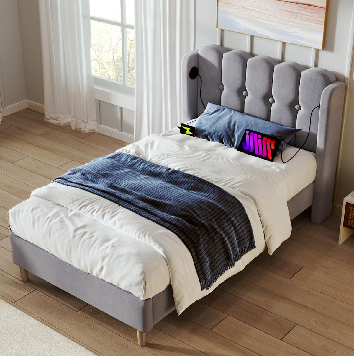 POLSTERBETT aus Leinenstoff 90x200 cm Grau mit USB- und USB-C-Ladeanschlüssen - Grau, Textil (90/200cm) - IVMEU