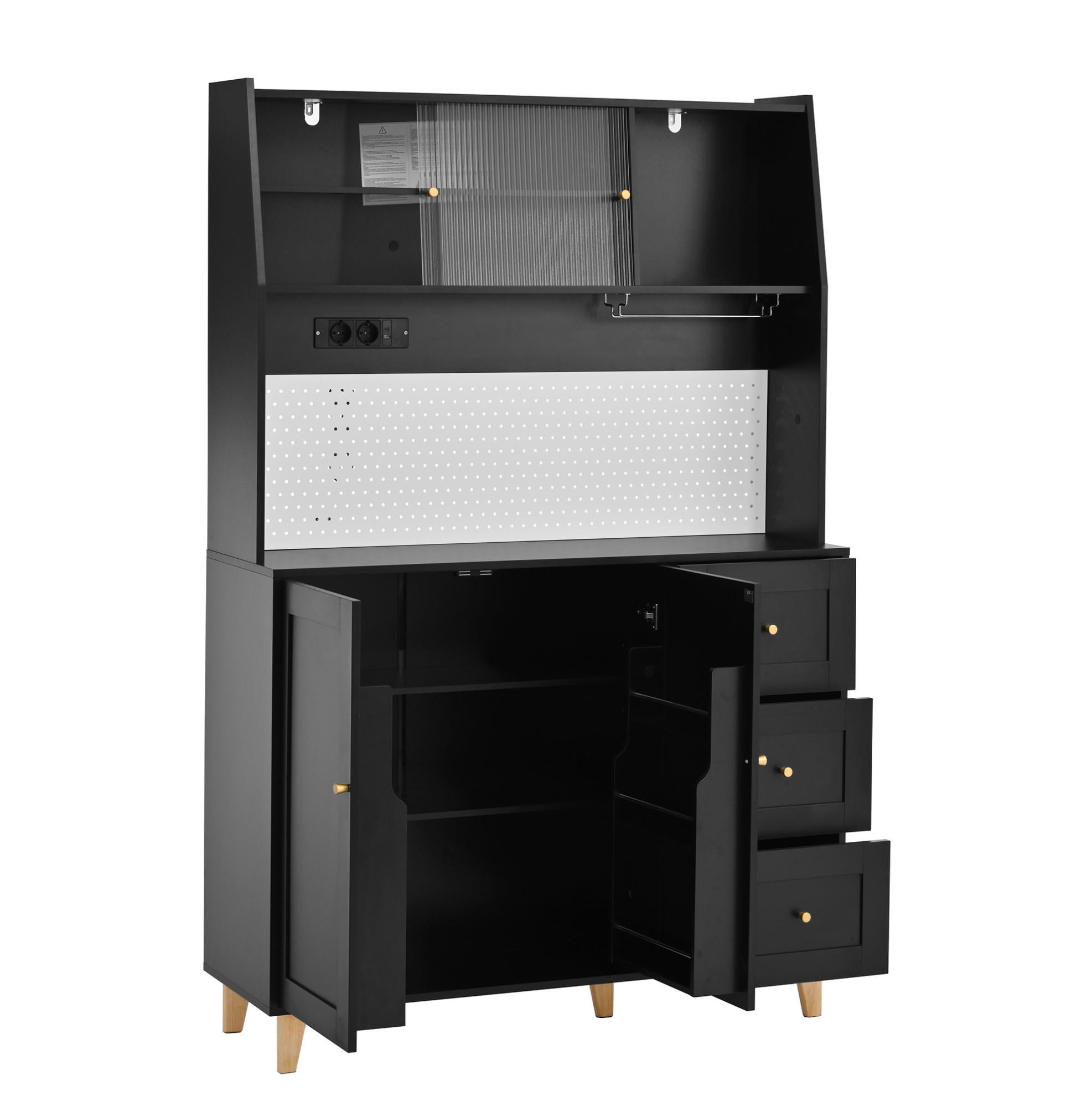 KÜCHENOBERSCHRANK 120/40/184 cm mit Steckdosen, USB, Typ-C, Lochplatte und Glashalter, Schwarz - Schwarz, Holzwerkstoff (120/184/40cm) - Redom