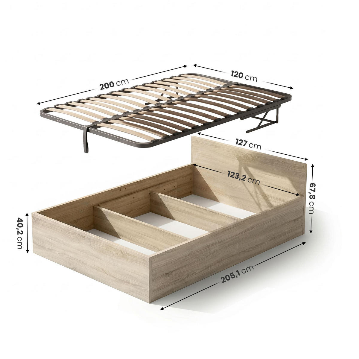 BETT mit Bettkasten 120x200 cm Metalllattenrost Sonoma Eiche - Sonoma Eiche, Holzwerkstoff (120/200cm) - Akord