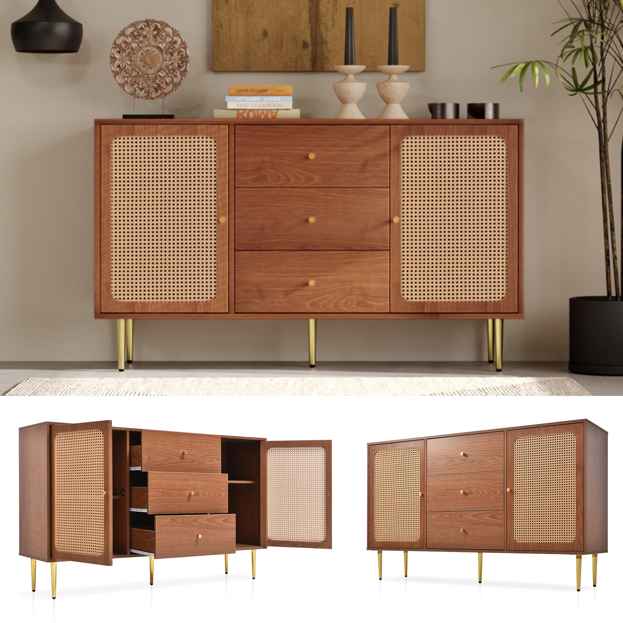 SIDEBOARD mit 2 Türen und 3 Schubladen - Braun, Holzwerkstoff (40/90/150cm) - Urban Meuble