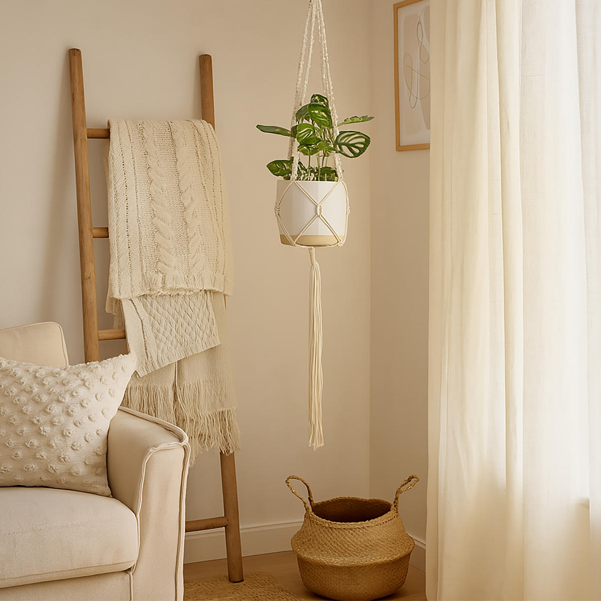 7XBLUMENAMPEL - Creme, Holz/Textil (155cm) - Relaxdays