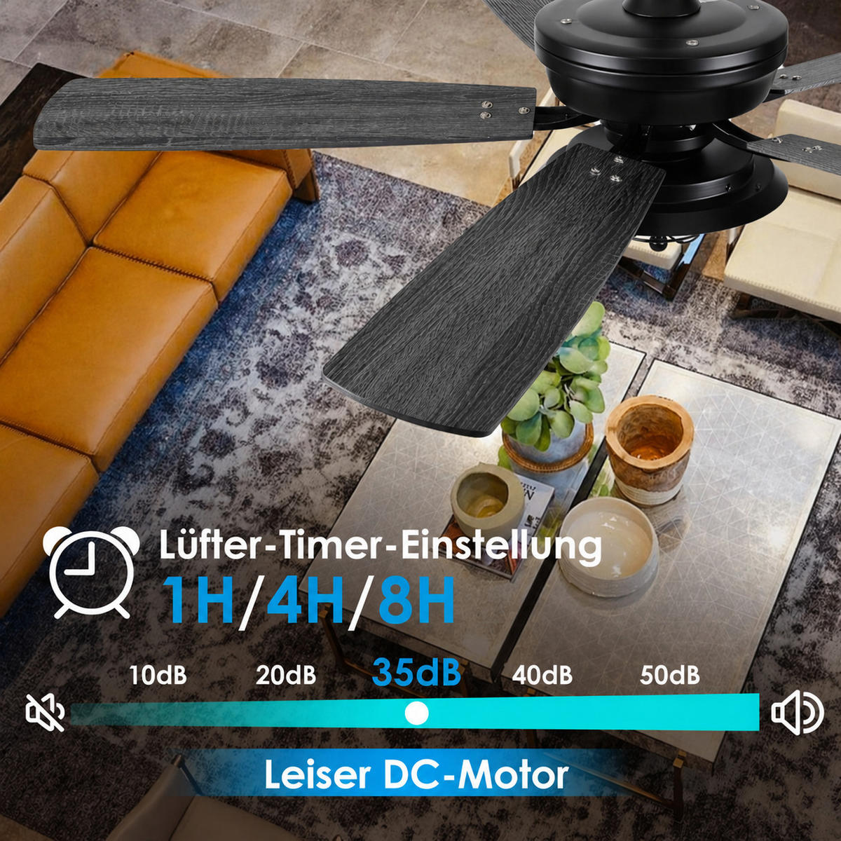 DECKENVENTILATOR für geschützte Außenbereiche Schwarz 132 cm mit LED und leisem DC-Motor 5013 - Schwarz, Metall (132.1/132.1/53.3cm) - Surtime