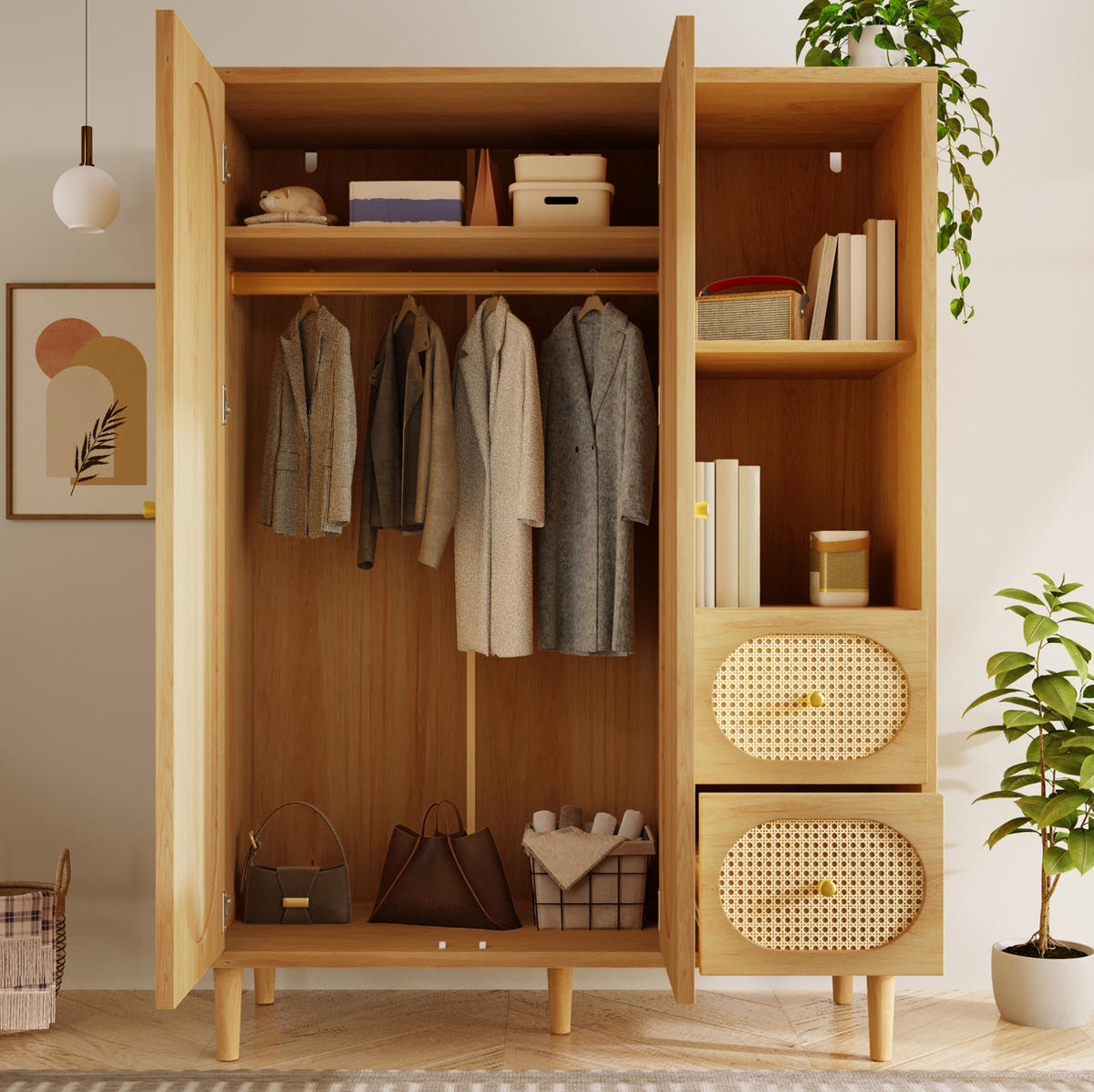 KLEIDERSCHRANK 161/120/44 cm in Eiche mit Rattanfronten und 2 Schubladen - Eichefarben, Holz (120/161/44cm) - BEAOK