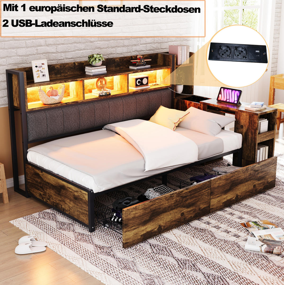 BETT 90/200 cm in Holzfarbe aus Metall und Holz mit Schreibtisch - Naturfarben, Metall (90/200cm) - OKMYHOME