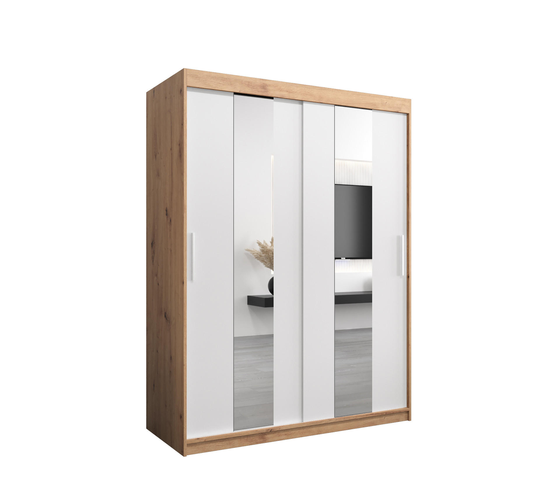 Abiks Möbel SCHWEBETÜRENSCHRANK Eiche Artisan, Weiß 150cm × 62cm × 200cm