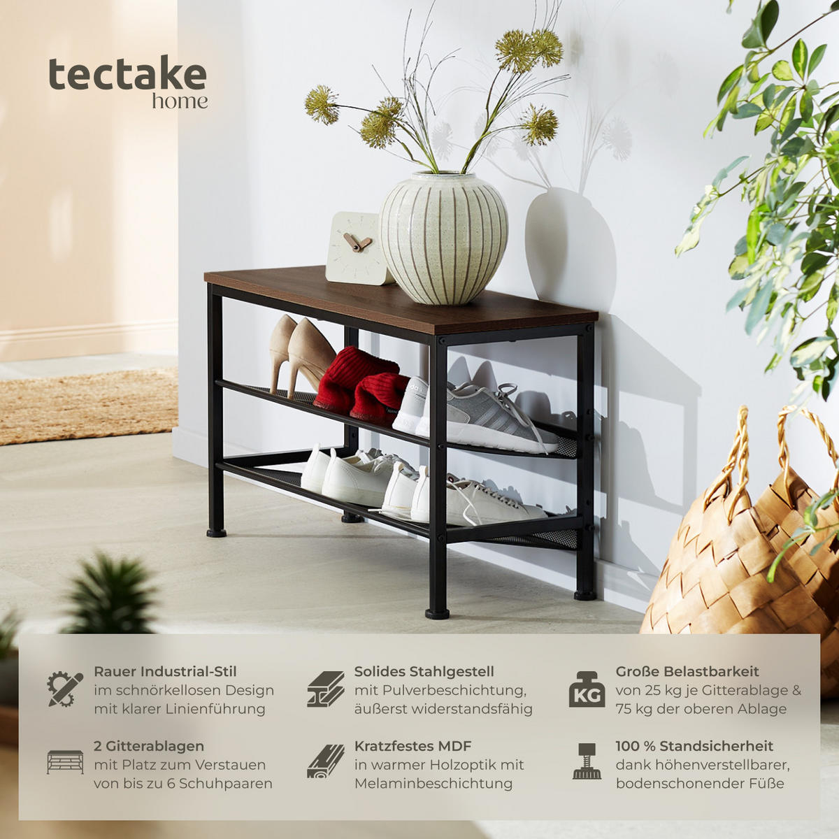 SCHUHREGAL Derry,75,5 x 30,5 x 45,5 cm,Industrial Holz dunkel, rustikal - Rostfarben, Holz (30.5/45.5/75.5cm) - tectake