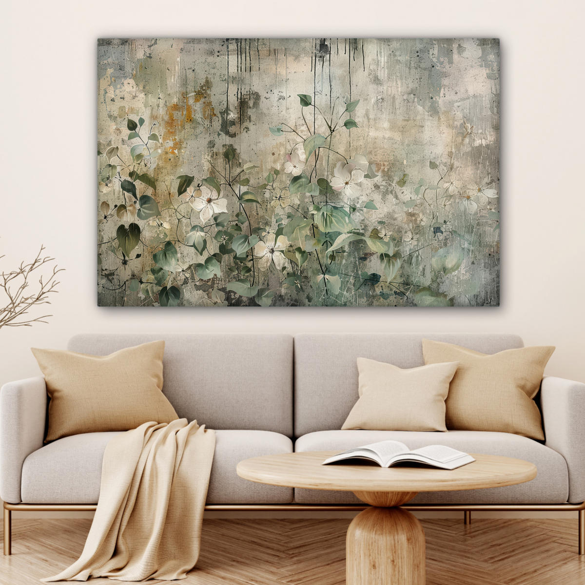 LEINWANDBILD Blumen - Blätter - Abstrakt - Modern XXL 150x100 cm - Grau, Textil (150/100cm) - MuchoWow