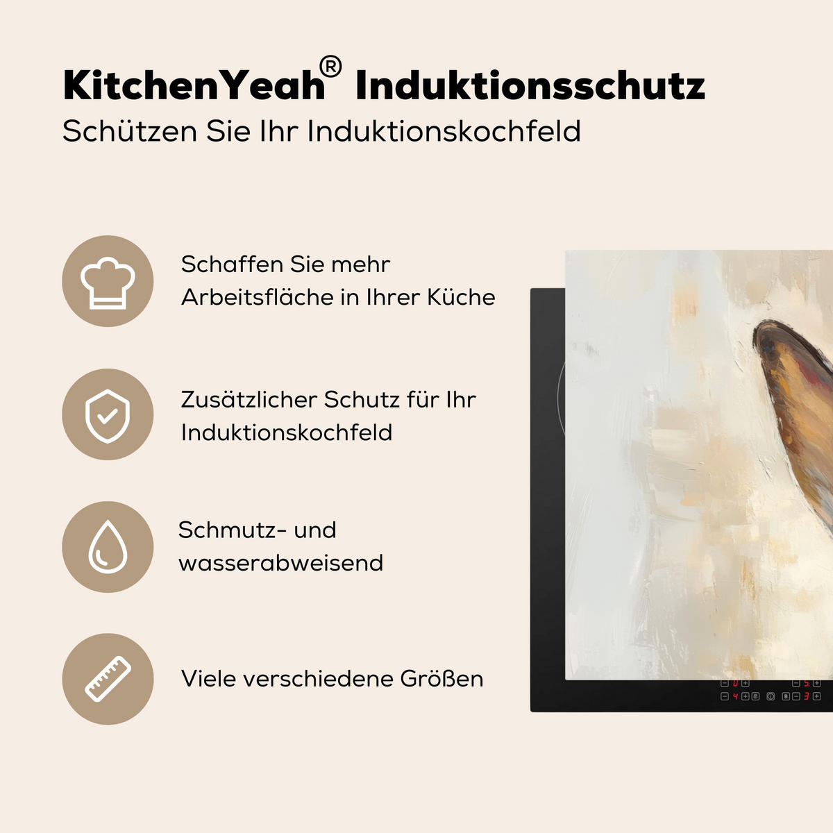 HERDABDECKPLATTE Hase - Ohren - Braun Ceranfeldabdeckung 85x52 cm - Beige, Kunststoff (85/52/0.2cm) - MuchoWow