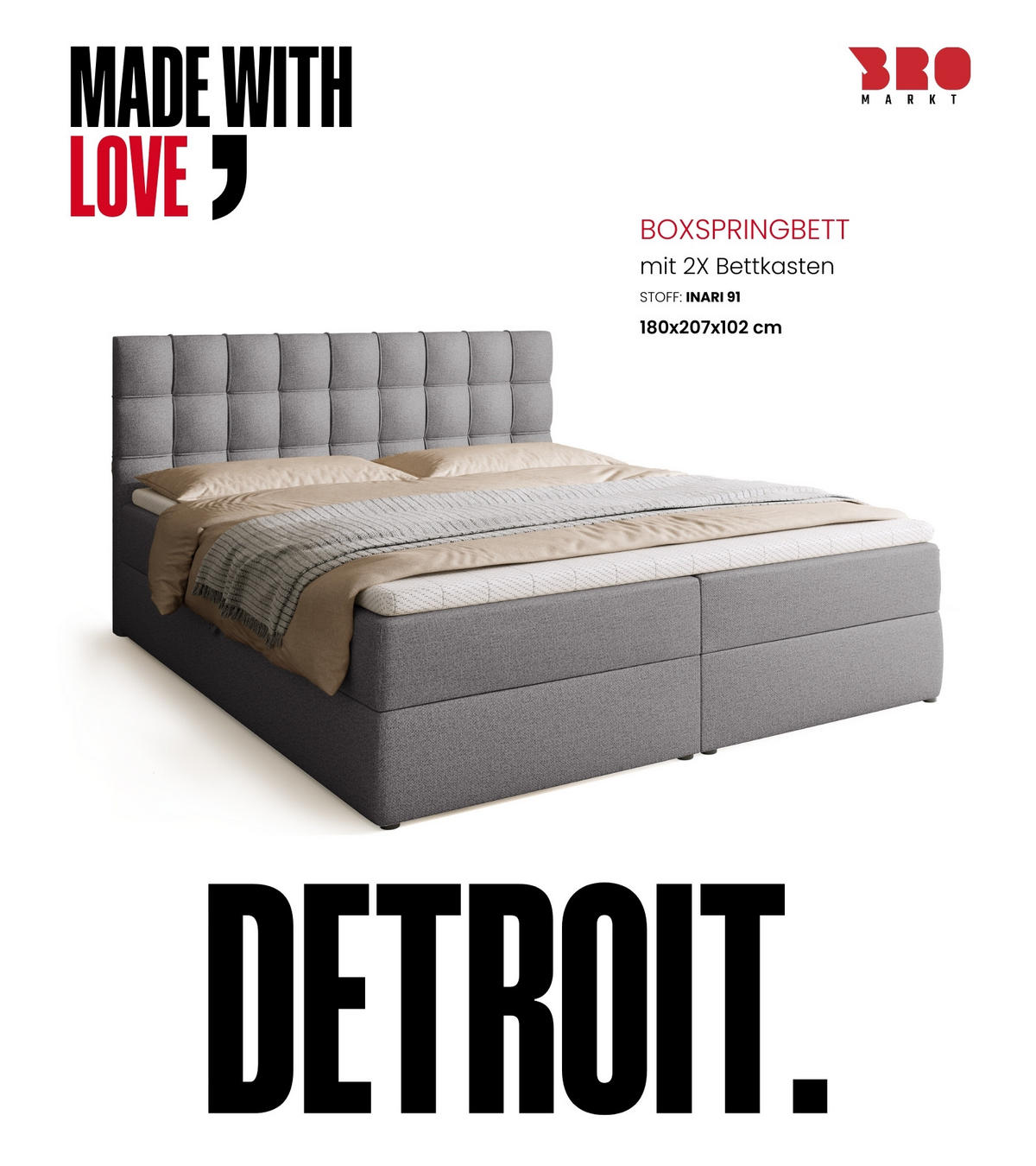 BOXBETT Detroit mit Topper 180/200 Grau - Grau, Textil (180/200cm) - Bromarkt