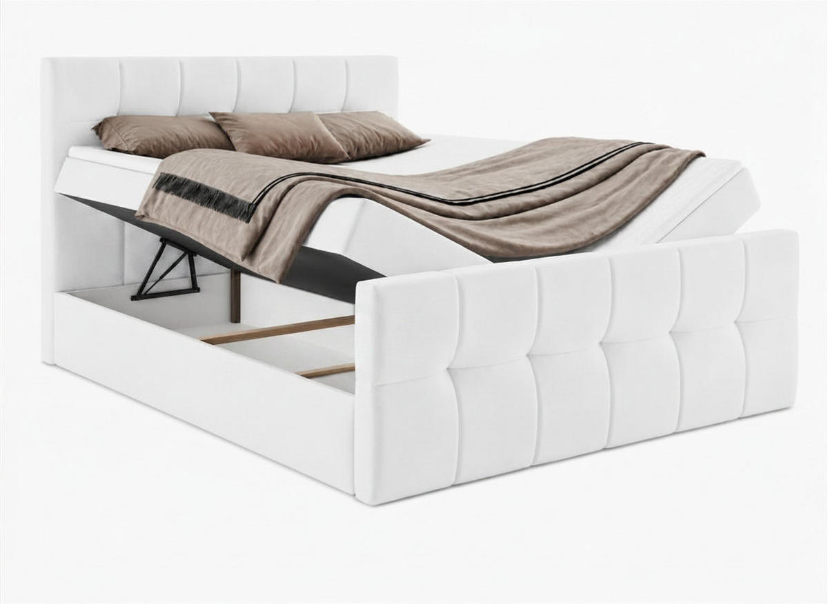 BOXBETT AUREN FRONT 160x200 cm Komplett-Set mit Bonell-Matratze, Topper und Bettkasten, Samt Weiß - Weiß, Textil (160/200cm) - Luxkor24