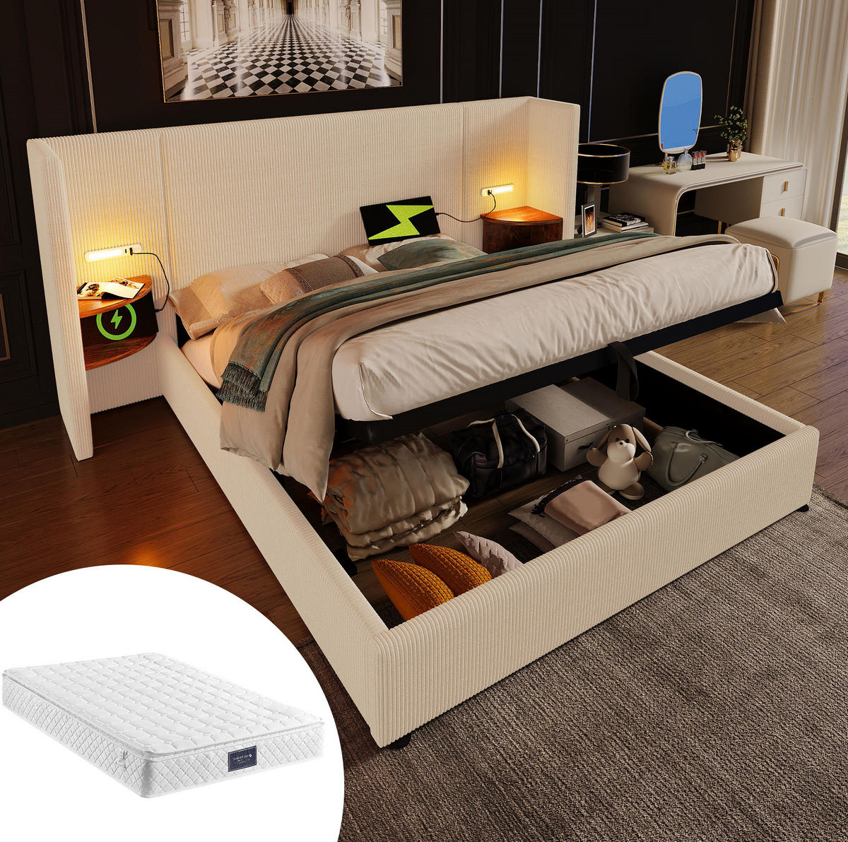 TAPECIRANI krevet od rebrastog baršuna 160x200 cm bež-bijeli sa madracem, lampom za čitanje, USB/Type-C i spremištem - bež, tekstil (160/200cm) - Modfu