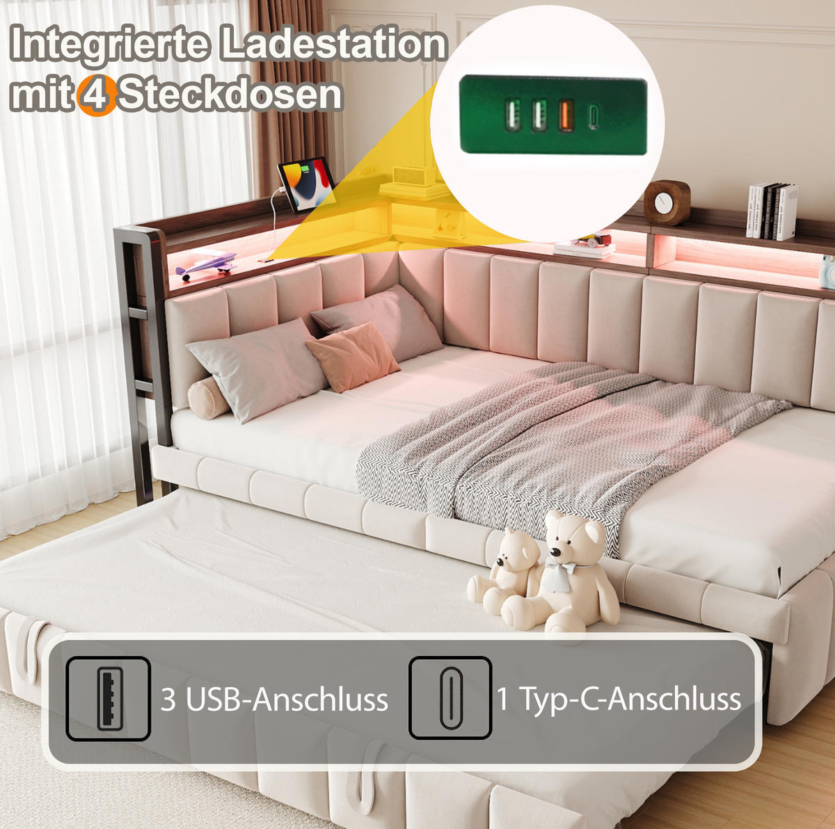 POLSTERBETT Schlafsofa aus Samt 90x200 cm Beige mit Ausziehbett, LED-Beleuchtung, USB- und Typ-C-Anschlüssen - Beige, Textil (90/200cm) - Modfu