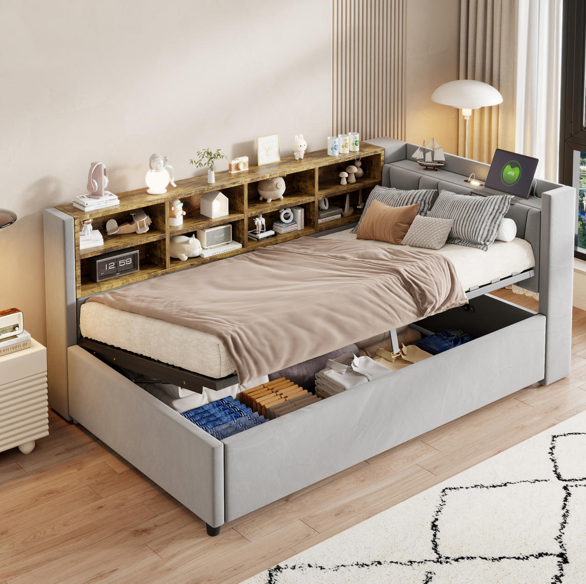 POLSTERBETT 90/200 cm Hellgrau aus Samt mit Stauraum - Hellgrau, Textil (90/200cm) - OKMYHOME