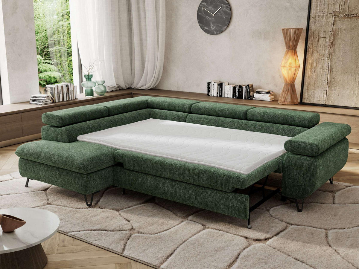 ECKSOFA PABLO L Dunkelgrün Schenille grob gewebt - Links Seite mit Visco Topper - Dunkelgrün/Schwarz, Textil/Metall (208/273cm) - MKS