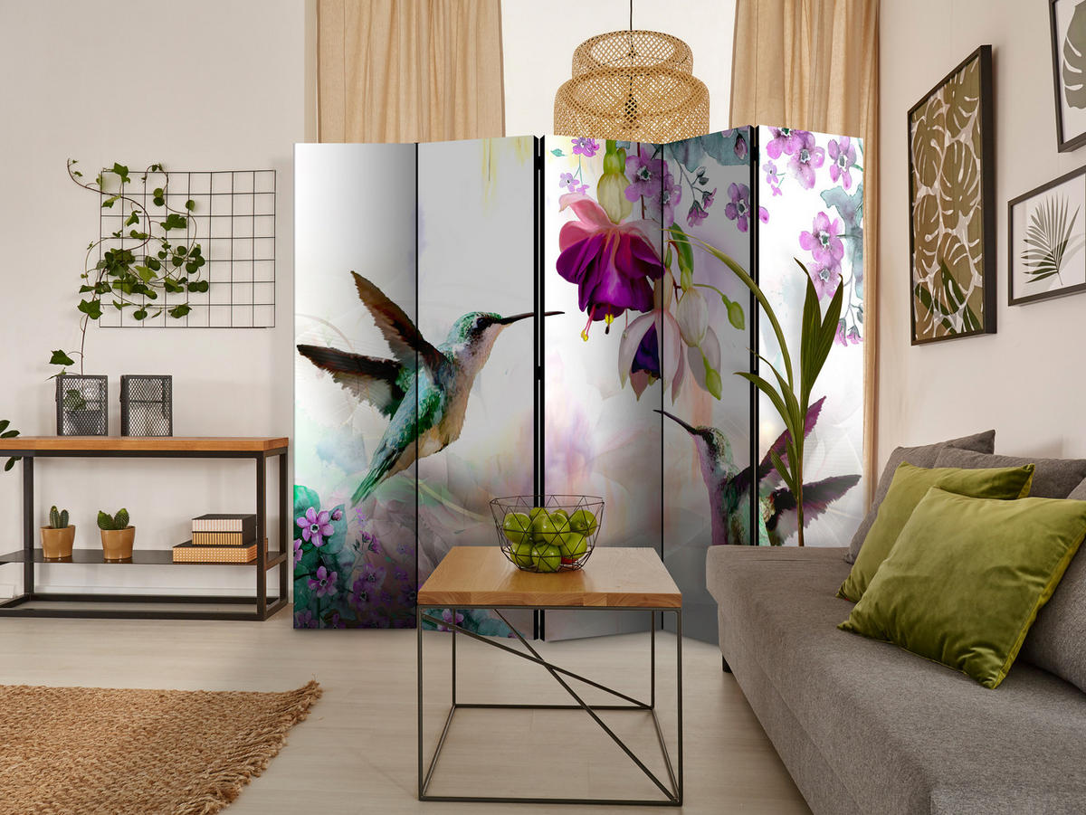 PARAVENT Akustik 5-tlg 225x172 cm Kolibri Blumen Natur - Multicolor, Holz/Textil (225/172/3cm) - Muralo