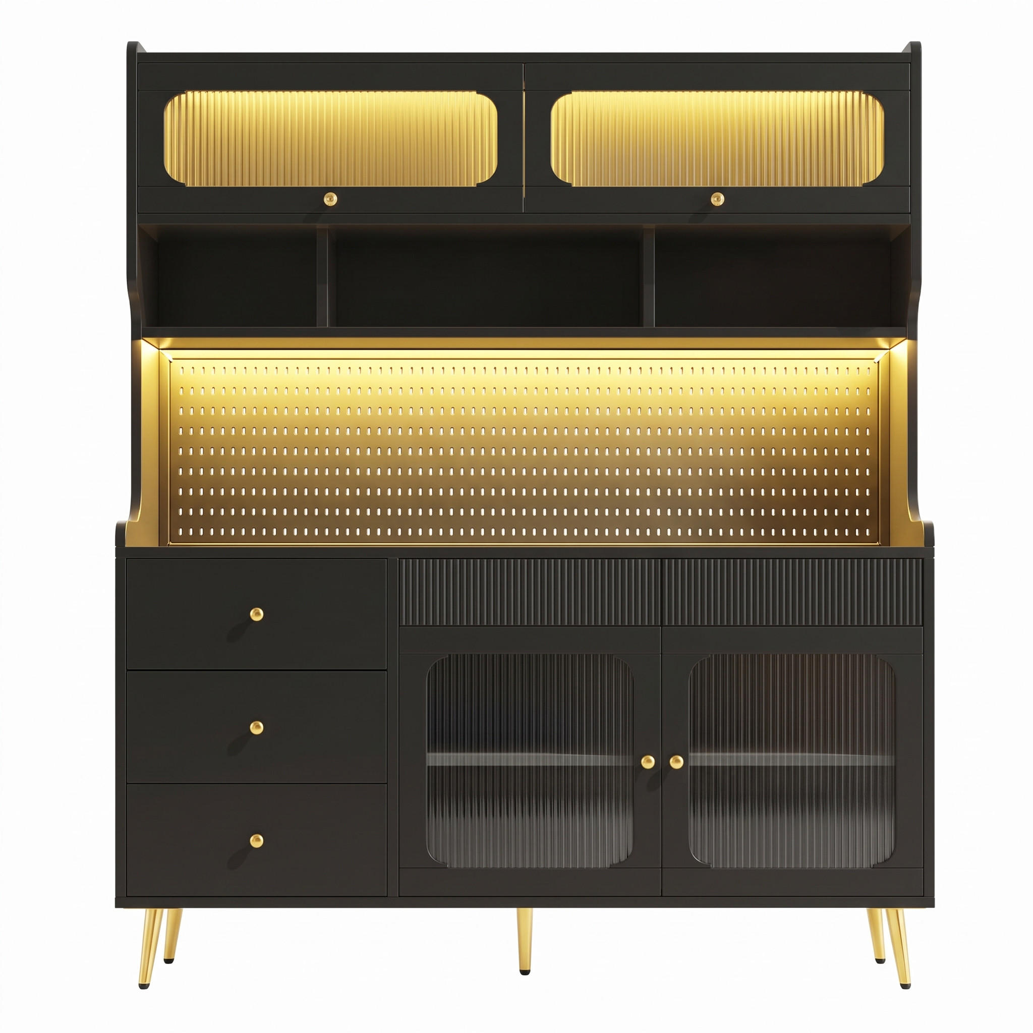KÜCHENSCHRANK Schwarz mit LED & App-Steuerung, Lift-up-Glastüren & Lochwand - Schwarz, Holzwerkstoff (145/71/39cm) - Urban Meuble