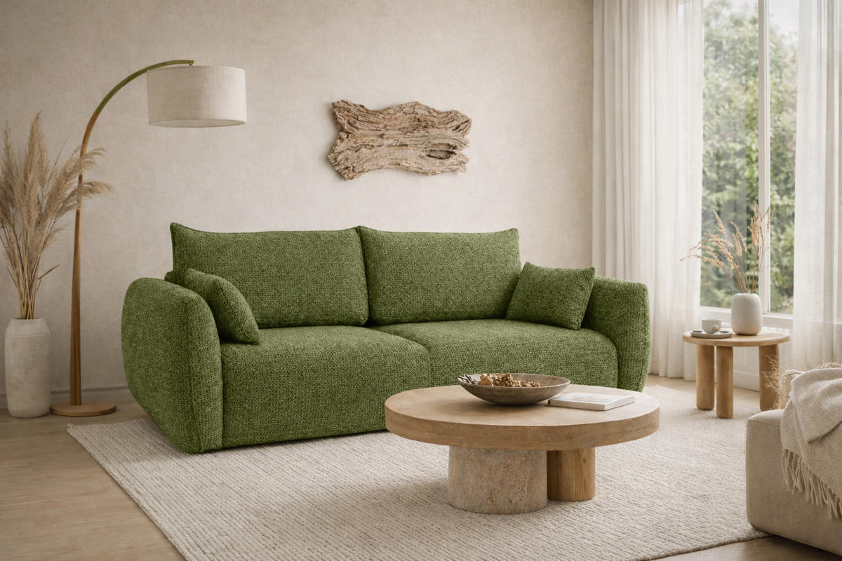 SOFA Mit Schlaffunktion Und Bettkasten, Chenille-Stoff Artico, Moss, Zephira - Grün, Holz (238/87/102cm) - Kaiser Möbel