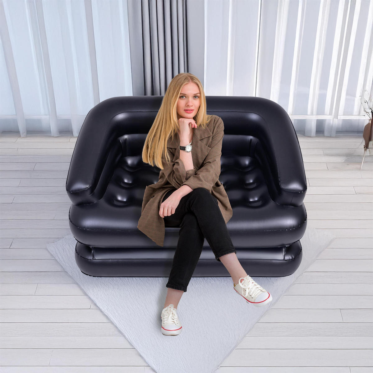 LUFTSOFA aufblasbares Sofa 198 x 138 x 62 cm schwarz wandelbar zum Doppelbett - Schwarz, Kunststoff (138/198cm) - Avenli