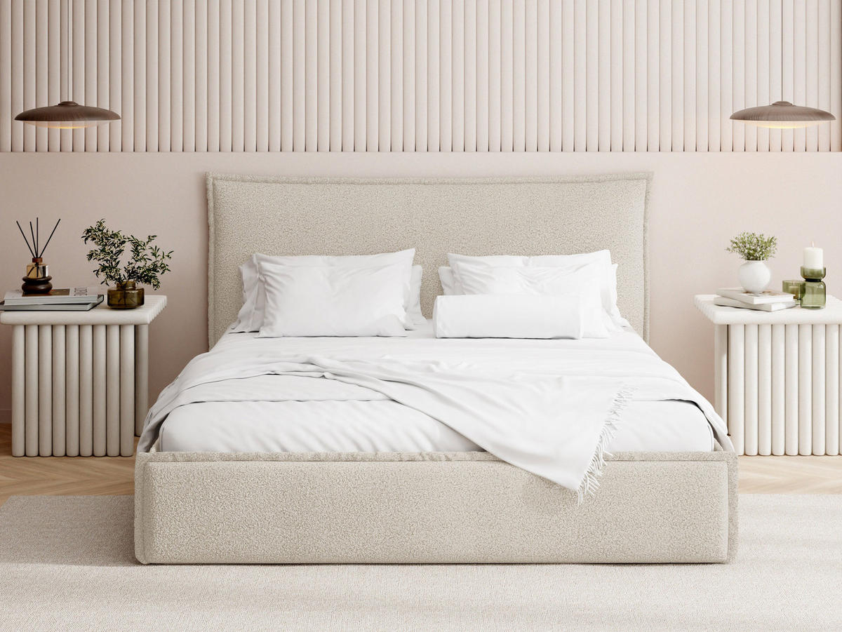 POLSTERBETT Pillow mit Bettkasten, Lattenrost & hohem Kopfteil in Beige Bouclé 120x200 cm - Beige/Birkefarben, Holz/Kunststoff (120/200cm) - WFL GROUP