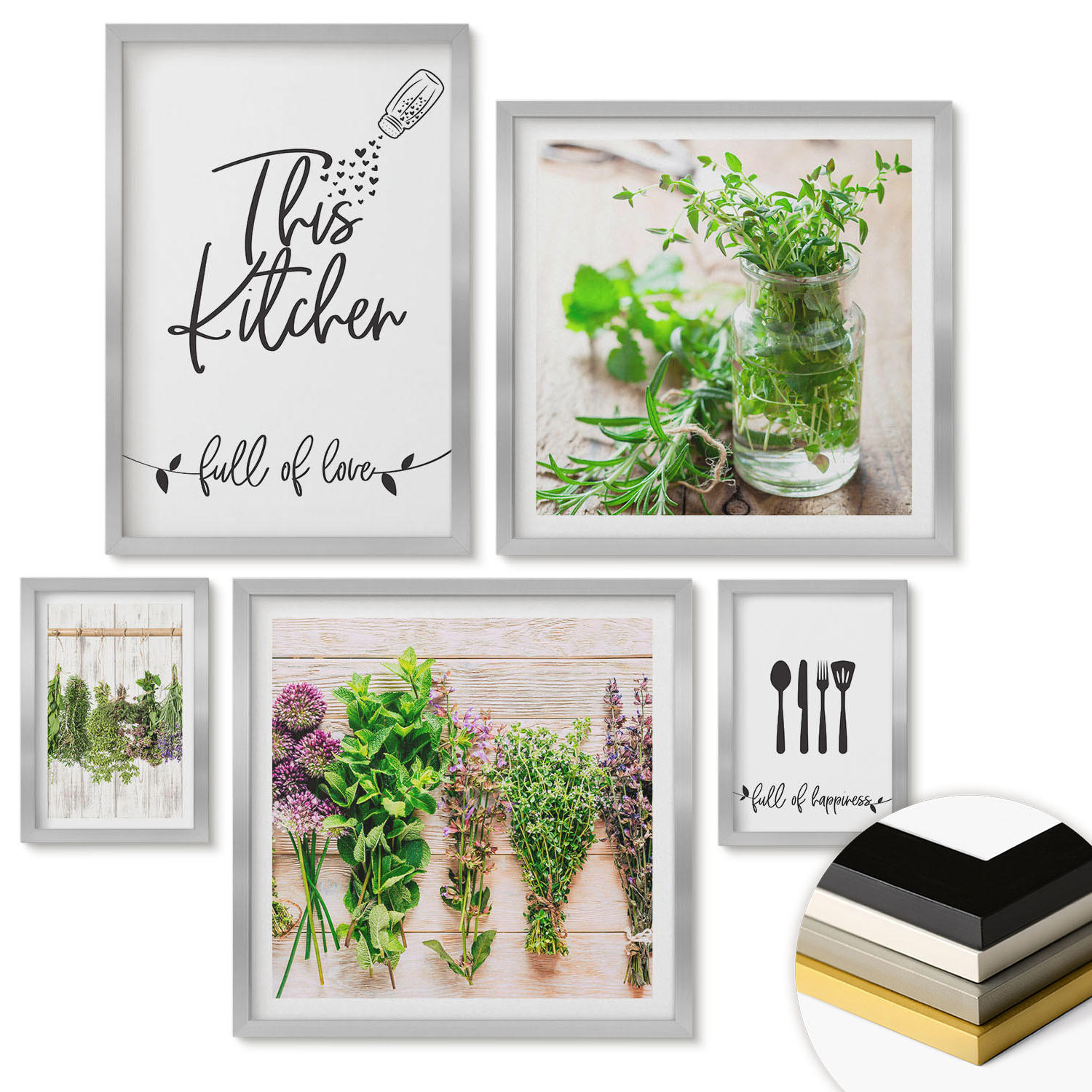 WANDBILDER 5er Set - 50x50 cm & 20x30 cm & 40x60 cm Silberner Rahmen - Kräuterpflanzen zum Trocknen in der Küche - Silberfarben, Kunststoff (40/60cm) - ArtPrintCave
