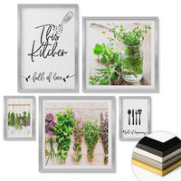 WANDBILDER 5er Set - 50x50 cm & 20x30 cm & 40x60 cm Silberner Rahmen - Kräuterpflanzen zum Trocknen in der Küche - Silberfarben, Kunststoff (40/60cm) - ArtPrintCave