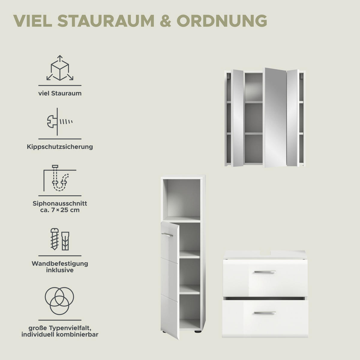 BADKOMBINATION Ice 105x185x30 cm weiß Hochglanz MDF 3tlg. - Weiß, Holz (105/185/30cm)