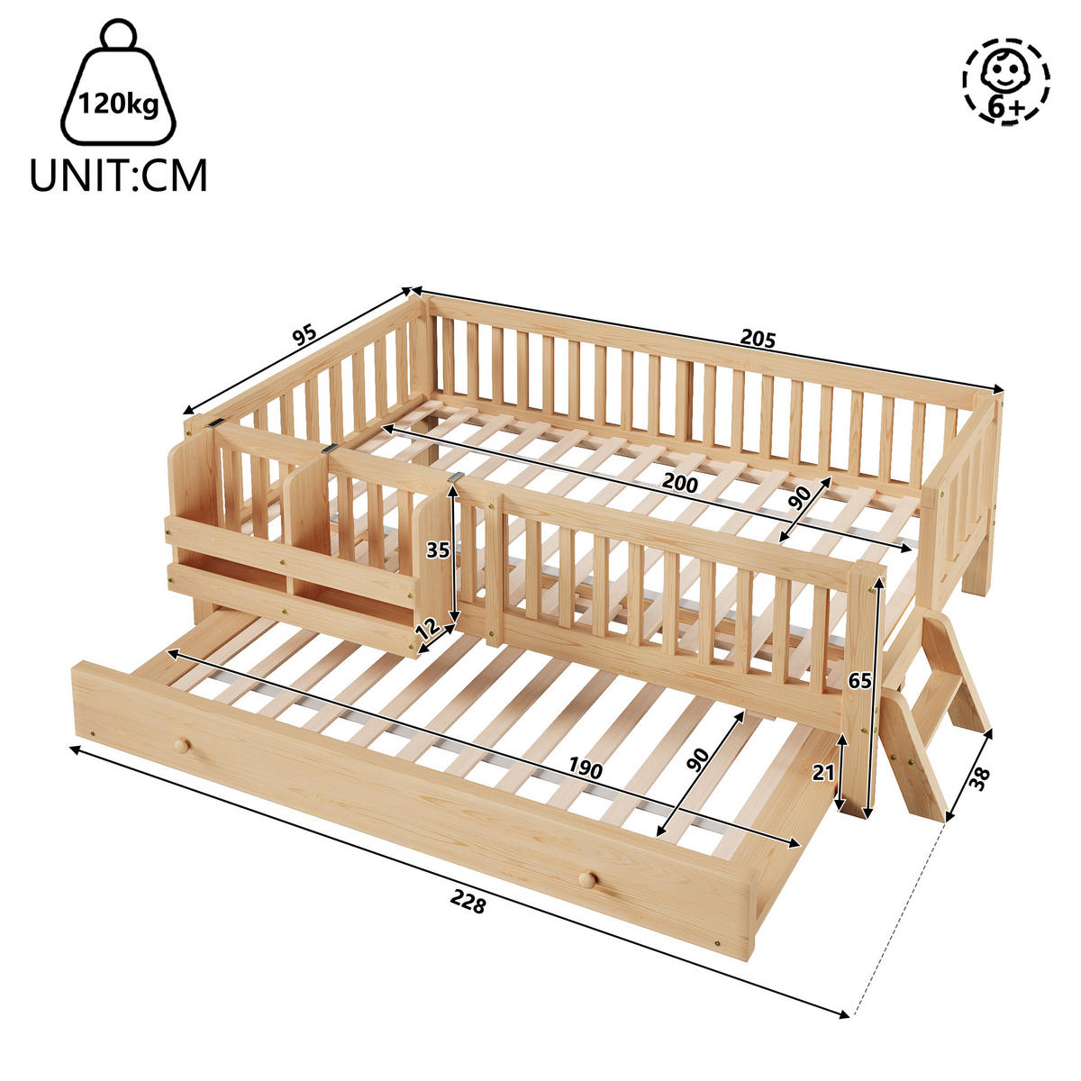 KINDERBETT 90/200 cm in Natur mit Ausziehbett und Regal Massivholz Skandi-Design - Naturfarben, Holzwerkstoff (90/200cm) - STILVORA