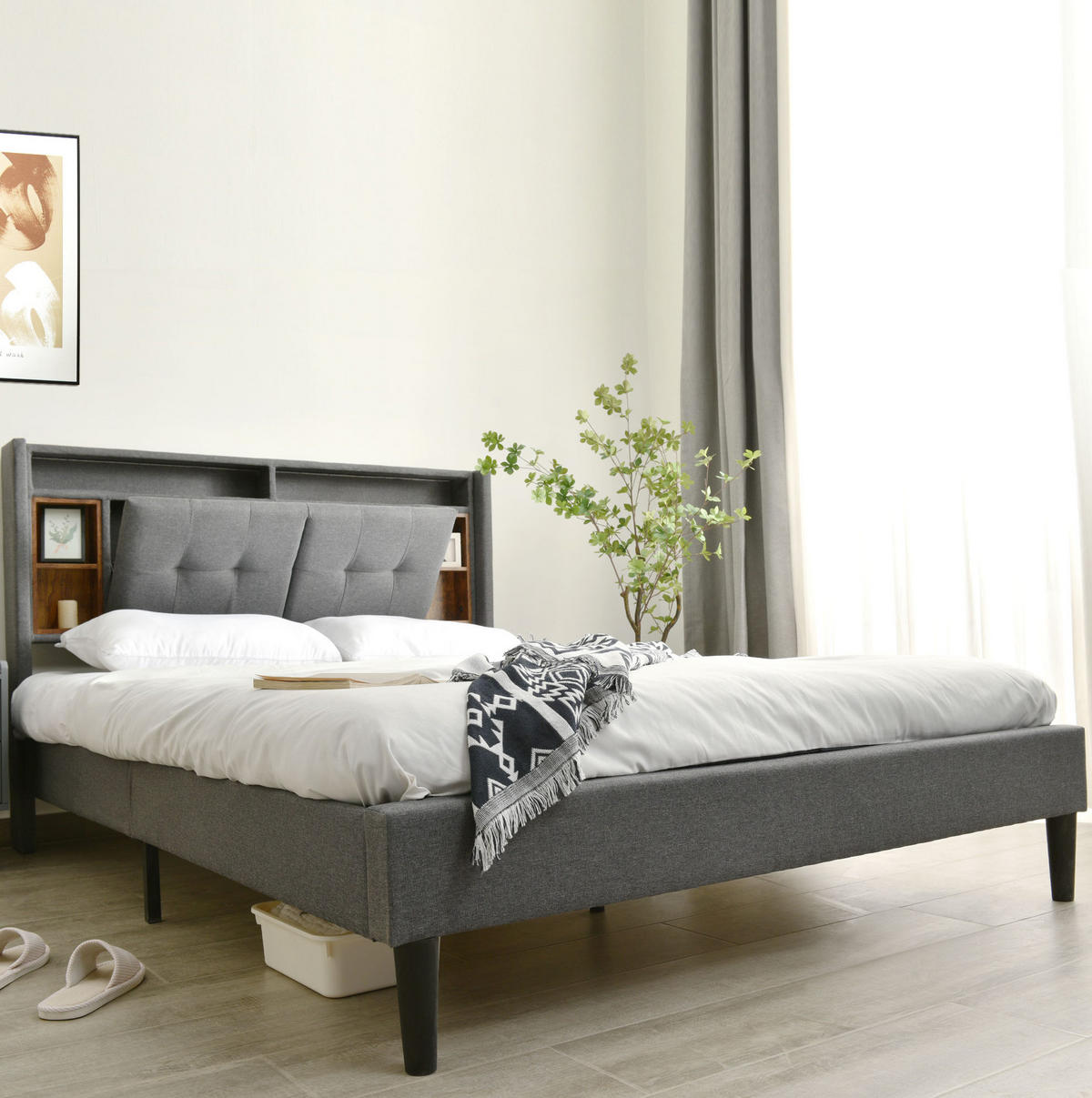 POLSTERBETT 140/200 cm mit LED, USB und Stauraum-Kopfteil in Grau - Grau, Holz (140/200cm) - BEAOK