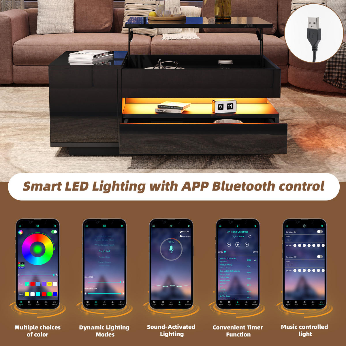 COUCHTISCH 95/50/40 cm Schwarz aus Holzwerkstoff mit Hubfunktion und RGB-LED per App - Schwarz, Holzwerkstoff (95/50/40cm) - OKWISH