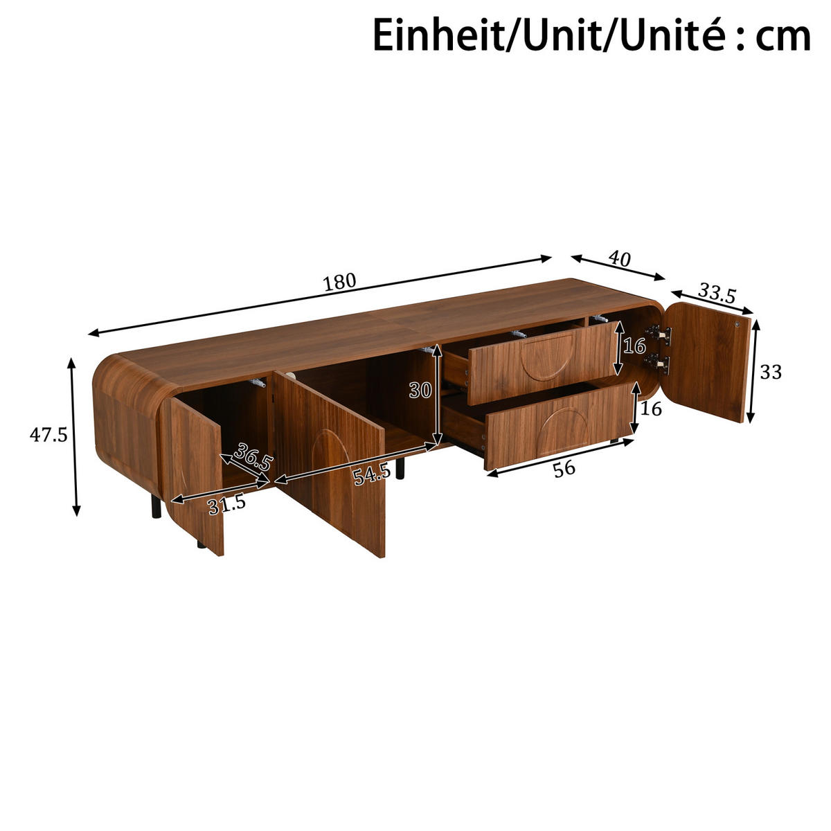 TV-LOWBOARD 180 x 40 x 47,5 cm aus MDF/Spanplatte, 3 Türen, 2 Schubladen, Metallfüße, Walnuss - Walnussfarben, Holzwerkstoff (180/47/40cm)