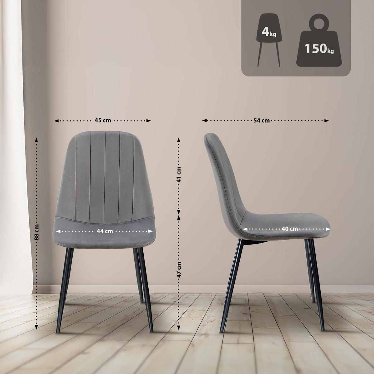 STUHL 4er Set Samt Dunkelgrau - Dunkelgrau/Schwarz, Textil/Metall (45/88/54cm) - CLP