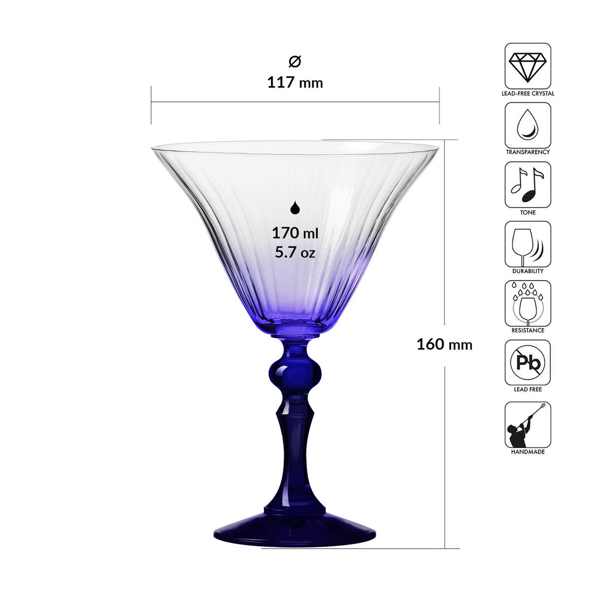COCKTAILGLÄSER BUBBLE CELEBRATION MOMENTS MIT KOBALTBLAUEM STIEL, 2ER-SET, 170 ML - Transparent, Glas (0.17L) - Krosno Glass