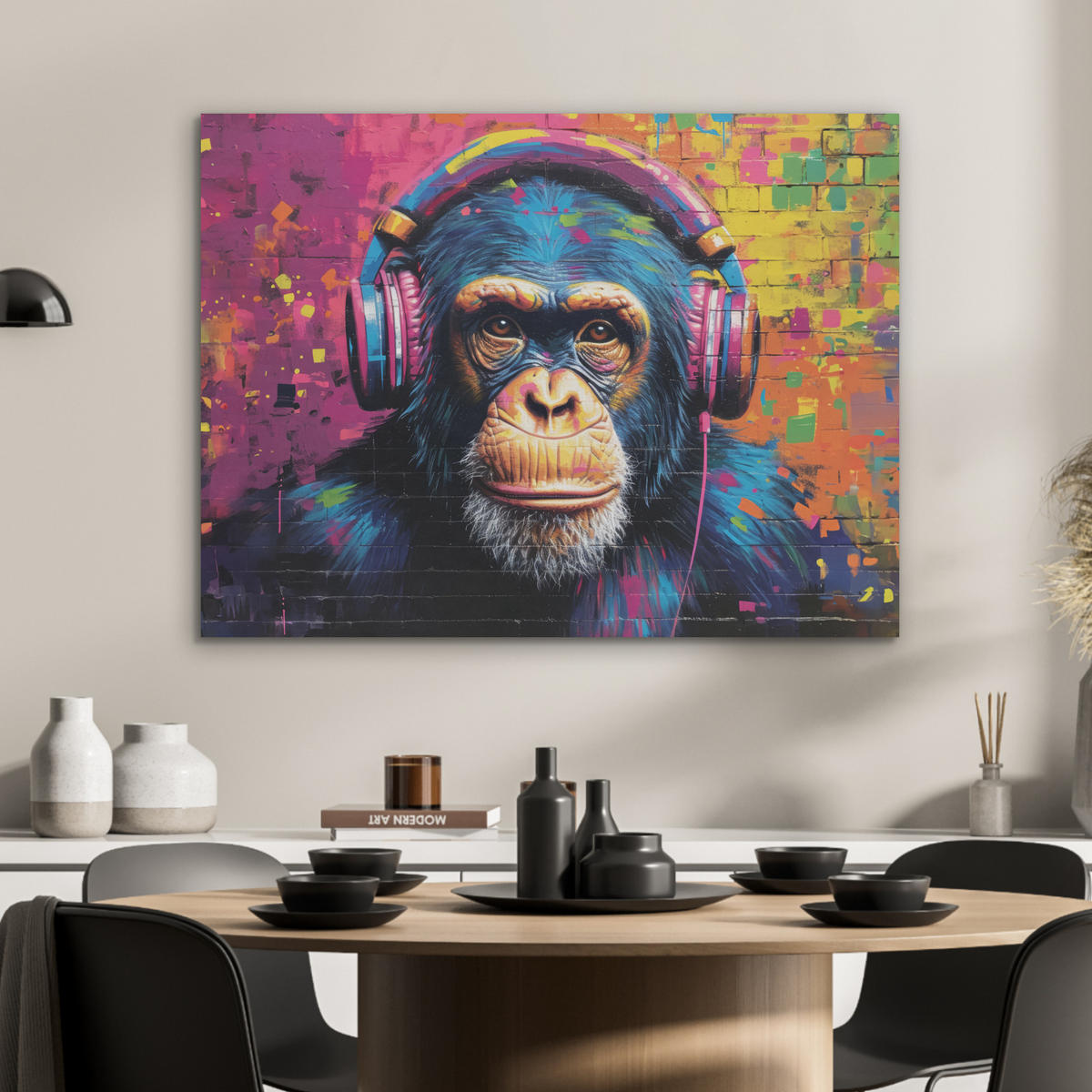 AKUSTIKPANEEL Graffiti - Schimpanse - Straßenkunst - Kopfhörer - Affe 80x60 cm - Blau, Textil (80/0.9/60cm) - MuchoWow