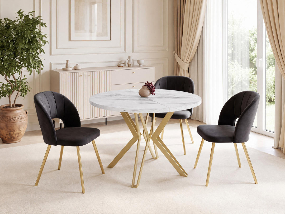 ESSTISCH Daisy runder ausziehbarer, Marmor Weiß 100-180/100/76 cm - Ecru/Goldfarben, Holzwerkstoff/Metall (100/180/76cm) - WFL GROUP