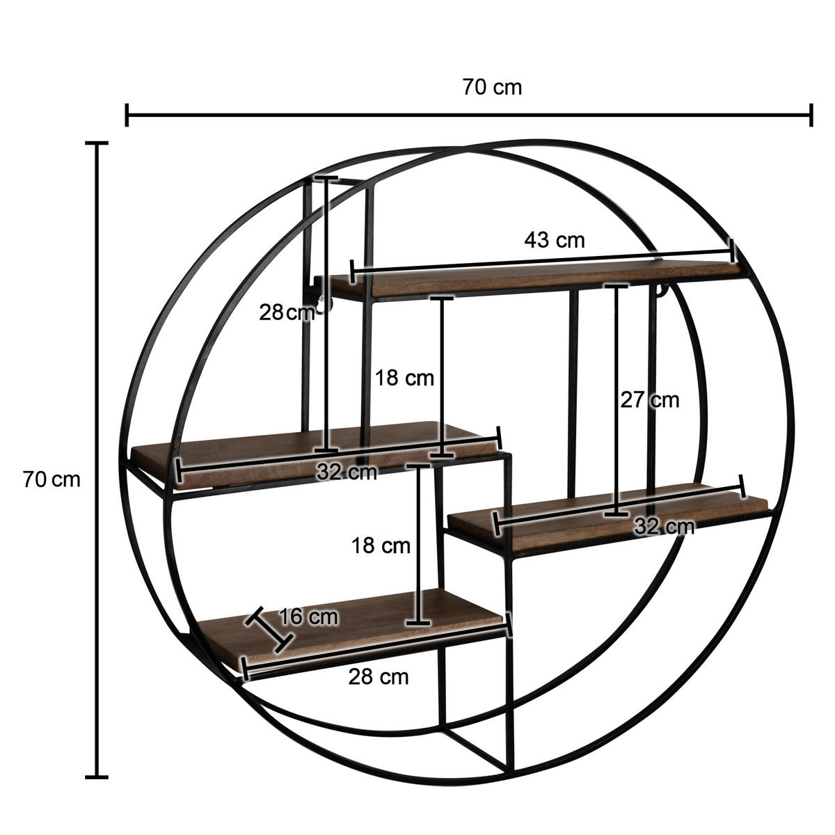 WANDREGAL Mango Massivholz Metall Industrial Stil 70x70x18 cm Rund - Schwarz/Braun, Holz/Metall (70/70/18cm) - KADIMA DESIGN