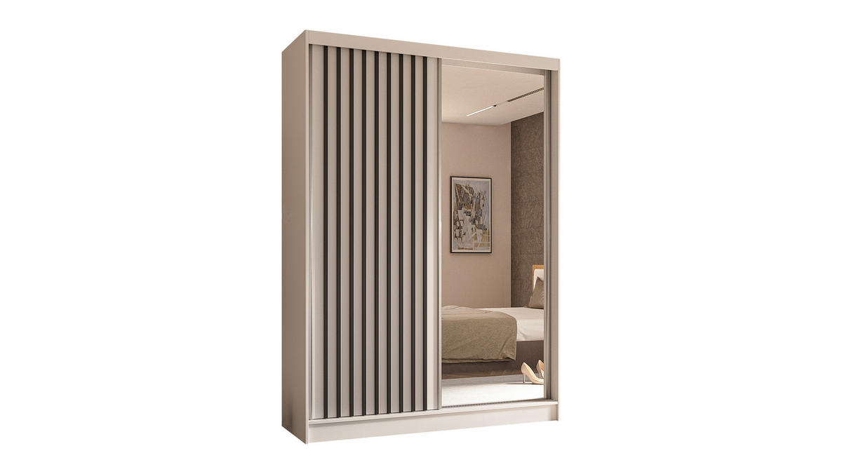 KLEIDERSCHRANK mit Spiegel-Schiebetüren und Aluminium-Leisten - LAMELO - 150 cm Weiß+Weiß+Schwarz - Schwarz/Weiß, Holzwerkstoff (150/216/61cm) - ALTDECOR