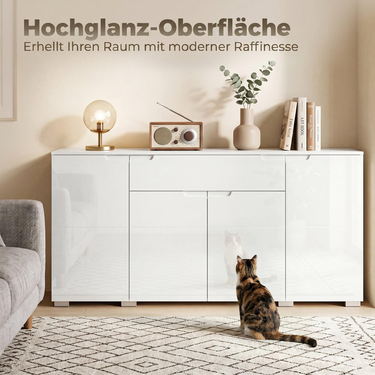 SIDEBOARD Weiß Hochglanz, 4 Türen, 180/40/80 cm - Weiß Hochglanz, Holz (180/80/40cm) - PANGIVO