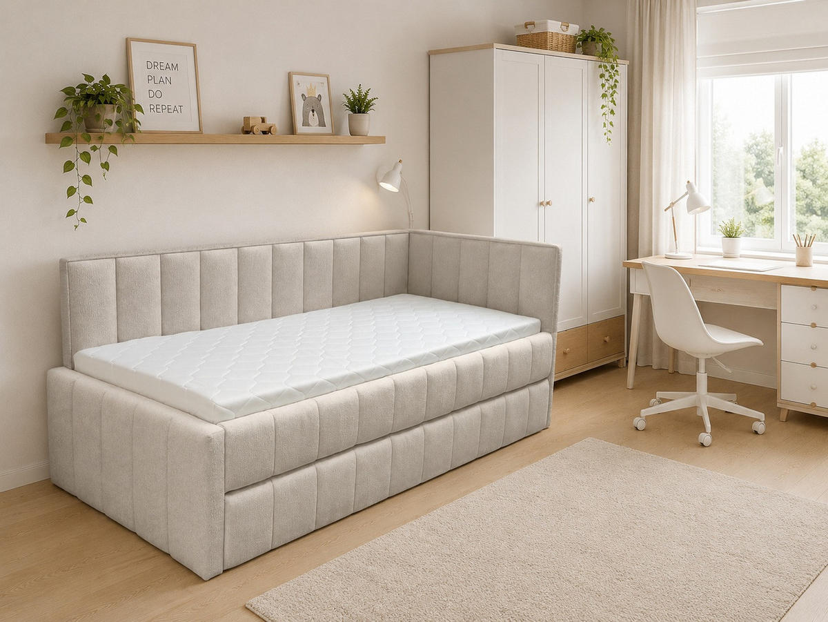 POLSTER-KINDERBETT LUKA 90x200 cm, rechts, mit Ausziehbett – Beige - Beige, Textil