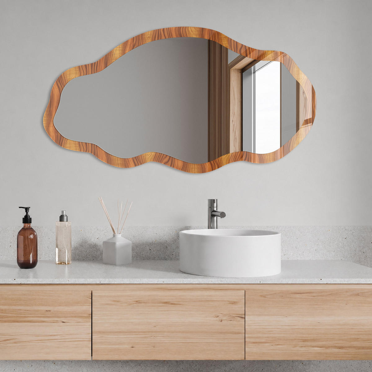 SPIEGEL 90x45 cm asymmetrisch mit Druck - Holzwellen - Transparent, Glas (45/90/0.4cm) - TULUP