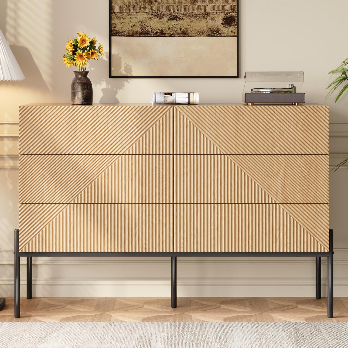 SIDEBOARD 6 Schubladen 3D Struktur - Naturfarben, Holz (115.5/75/38cm) - LEBENLANG