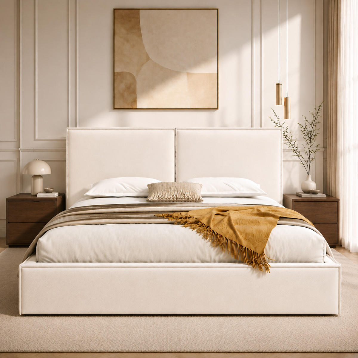 POLSTERBETT aus Leinen 180x200 cm Beige mit hydraulischem Bettkasten und Lattenrost - Beige, Textil (180/200cm) - Modfu