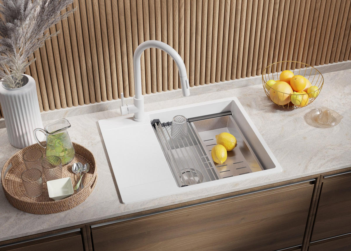 GRANITSPÜLE San Francisco, 2-er set Weiß 62/50 cm 1 Becken + Küchenarmatur 38/14 cm + Ablauf-Set + Aufrollbare Abtropffläche ab 50er Unterschrank - Chromfarben/Weiß, Kunststoff (62/20/50cm) - Primagran