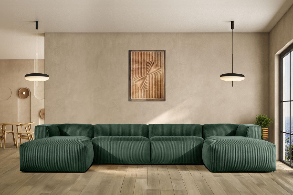 PANORAMA-ECKSOFA BUFFO 7/8 Sitzer mit extrem weicher Sitzfläche, Kordstoff, dunkelgrün - Dunkelgrün, Textil (424/73/180cm) - KONSIMO®